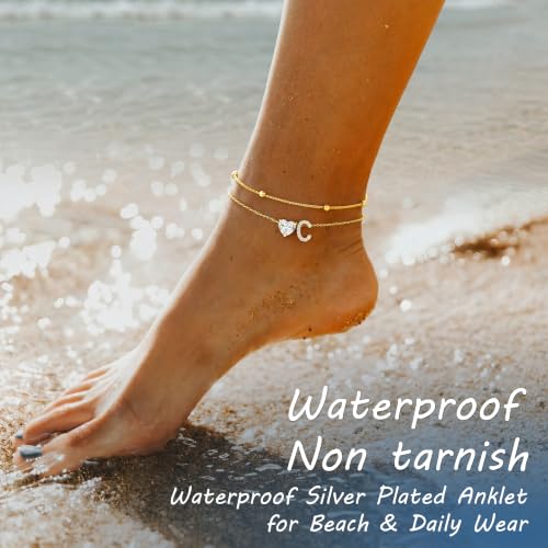 Image of NECOCY Initial Heart Diamond Anklets for Women Waterproof, Non Tarnish 14k Gold Plated Letter Ankle Bracelets Dainty, Summer Beach Bikini Jewelry Gifts for Women