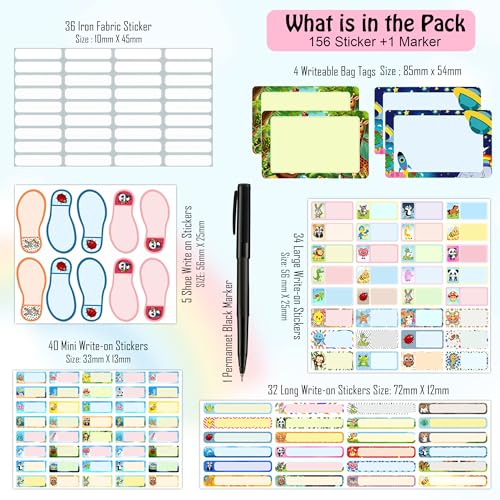 Image of GLUN Jambo Pack Name Stickers - 156 Pcs Self-Adhesive Vinyl Labels with Cute Animal Designs & 1 Marker, for Kids Bottles, Lunch, Clothes & Kitchen Use