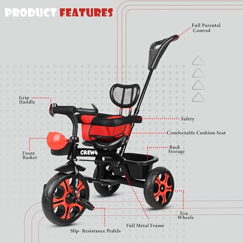 Image of Tricycle 1 Years to 5 Years with Removable Safety Guard and Parental Control Back Side Push Handle with Rubber Tyre for Kid's CR07 (RED 4)