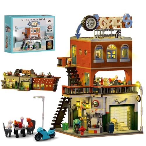 Kit Construcción Casa 2 IN 1 con Taller Reparación Ciudad y luz LED, Incluye Taller Coches, Restaurante y Tienda Conveniencia, Juguetes Construcción para Adultos, Regalos Cumpleaños Navidad, 1637 PCS