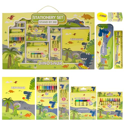 Image of WISHKEY 41 Pieces Dinosaur Theme All-in-One Stationery Set Stationery Items with Pencil Box Notebook Scale Eraser Sharpener Crayons Color Pencils Color Pens Pencils Return Gift for Birthday Kids 6+