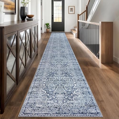 KUTA Extra Long Runner Rug for Hallway 2.6x18ft, Blue White Vintage Washable Kitchen Rugs, Non-Slip Stair Runners Indoor Ultra Soft Printed Floral Medallion Carpet for Bedroom Living Room Nursery
