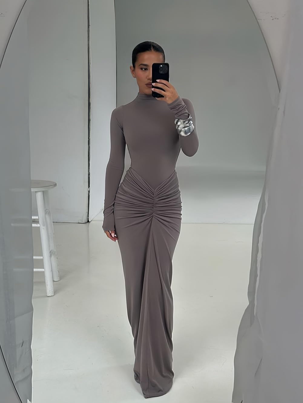 Robe Femme Élégante Maxi Robes Moulante Col Montant Manches Longues Sexy Slim Froncée Robe Longue Automne Hiver Tendance Robes Crayon de Soirée Cocktail Clubbing Mariage Casual Streetwear