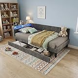 RXMORI Polsterbett 90x200,Einzelbett mit Lattenrost,Verformbares Funktionsbett mit Stauraum Kopfteil,Bettgestell 90x200,tagesbett mit 2 Schubladen,ohne Matratze (Grau, 90x200cm)