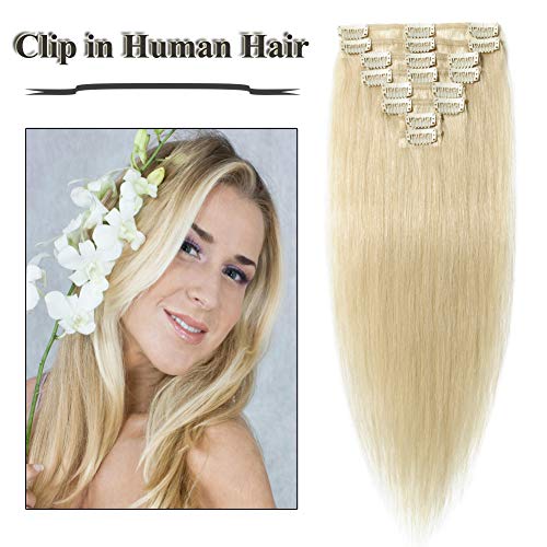 Clip in Hair Extensions Platinum Blonde 14-24 inch Remy Human Hair for Women 8pcs 18 Clips Full Head Soft Straight Hair(22"=75g #60)