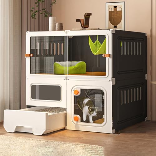 猫ケージ(室内用)トイレ付き - 室内猫用子猫ケージ、通気性と通気性に優れ、新しく改良されたスライドドアで使いやすい猫用囲い DIY 猫用プレイペン(Black-71-46-71cm)