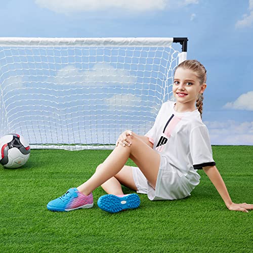 Brooman Kids Indoor Soccer Shoes Boys Girls Soccer Cleats Athletic Turf Shoes (10,Blue Pink) #TOP2