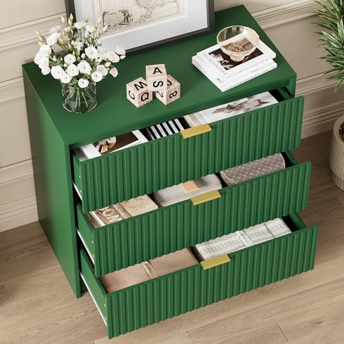 Image of Furniway Fluted Nightstands Set of 2, 31.5 inch Large Bedside Tables with 3 Drawers, Modern Wood Night Stands with Storage for Bedroom, Green