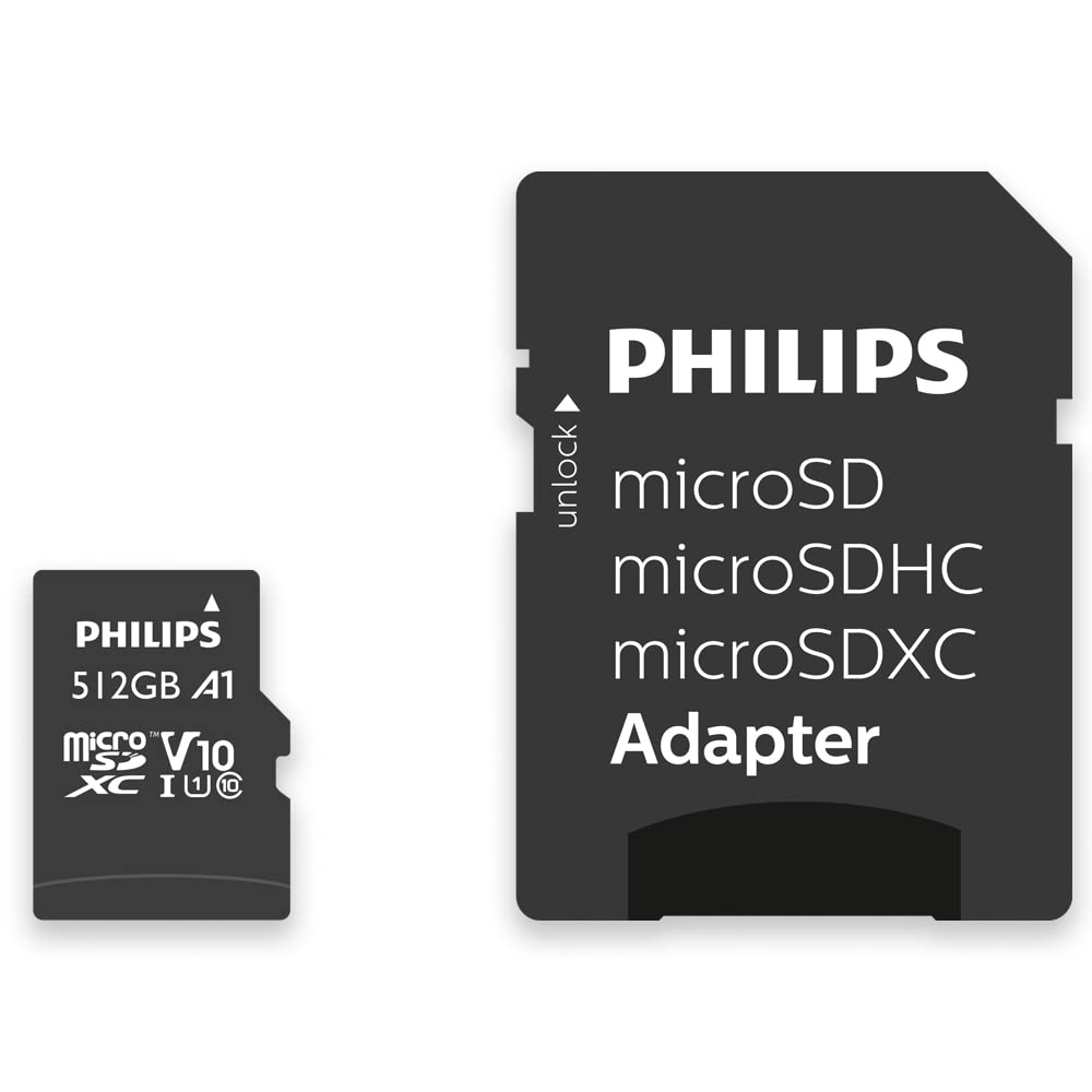 Philips Ultra Speed Carte microSDXC Card 512 Go + Adaptateur SD UHS-I U1, Vitesse de Lecture jusqu'à 80 Mo/s, A1 Fast App Performance, V10, Carte mémoire pour Smartphones, Tablette, PC, vidéo Full HD