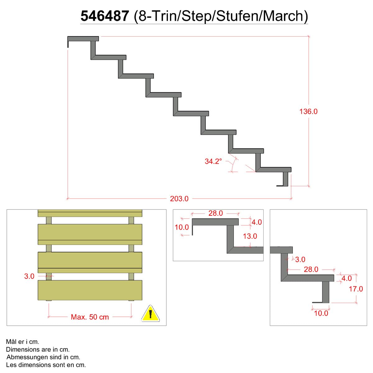 3er Set Stahl Treppenwange 8 Stufen - Option für Setzstufen-Höhe 136cm
