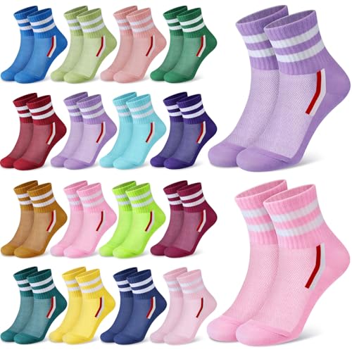 16 Pairs Kids Crew Socks with Stripes Colorful Girls Cotton Athletic Breathable Quarter Sock for Sport Gym Tennis