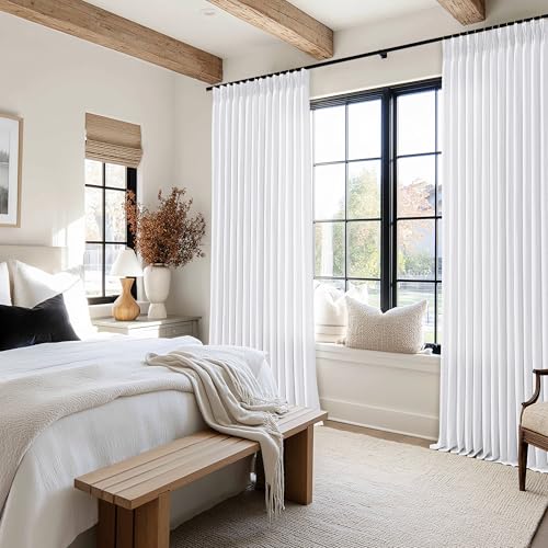 Image of Extra Wide Snow White Pinch Pleated Semi Sheer Linen Curtains 70x102 Drape | 70 inch wide 102 inch Extra Long, Light Filtering Privacy, Living Room, Burlap Textured, Memory Shape Hook Rings, Bohemian