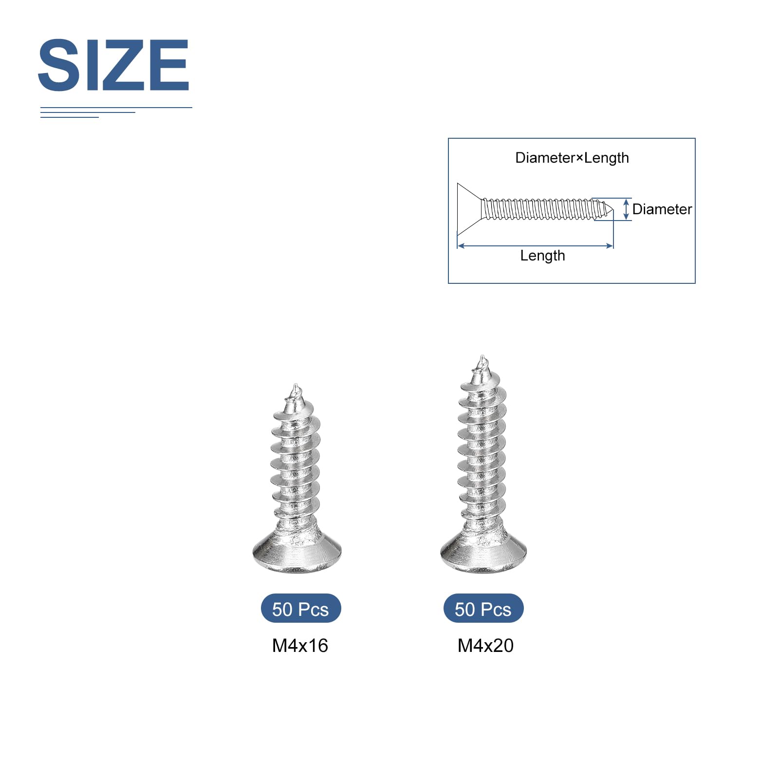 DTGN 100Pcs Wood Screws Assortment Kit, 304 Stainless Steel M4x16mm/ M4x20mm Phillips Flat Head Self Tapping Screws - Image 2