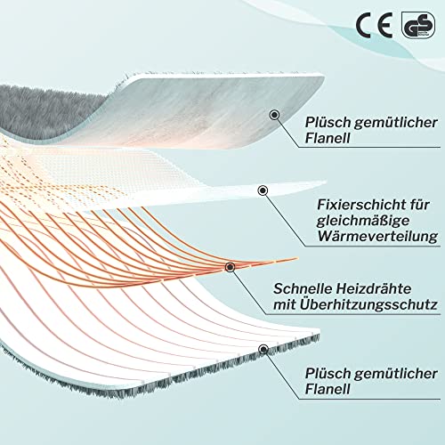 CORIWELL Wärmedecke Heizdecke mit Abschaltautomatik - 180 ×130 cm Flanell Elektrische Wärmedecke, 3 Temperaturstufen - Waschbar Heizdecke Kuscheldecke fürs Bett mit Überhitzungsschutz - Grau