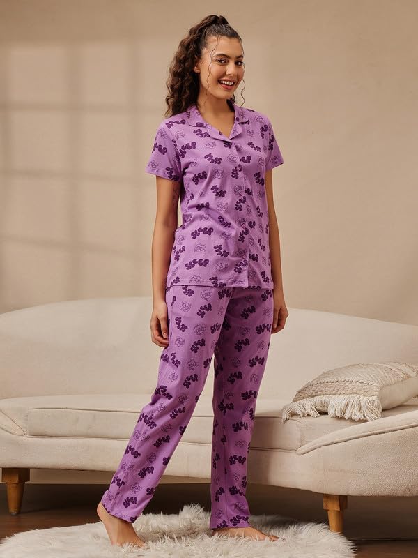 Image of Clovia Women's Cotton Printed Button Down Shirt & Pyjama Night Suit Set