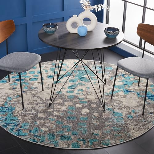 SAFAVIEH Monaco Collection Area Rug - 5' Round, Grey & Light Blue, Boho Chic Abstract Watercolor Design, Non-Shedding & Easy Care, Ideal for High Traffic Areas in Living Room, Bedroom (MNC225E)