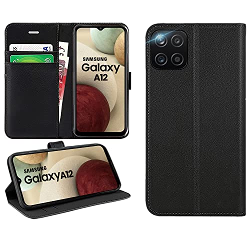 For Samsung Galaxy A12 Case Flip Wallet PU Leather Phone Cover with Card Holder Magnetic Closure Kickstand 6.5 inch Black