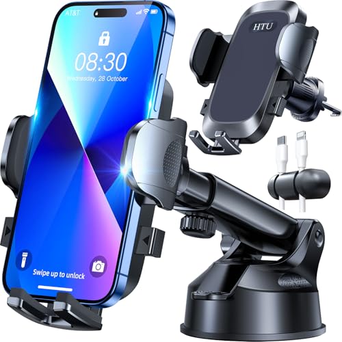 HTU 2026 Verbesserte 4-in-1 Handyhalterung Auto mit 36KG Starker Saugnapf & Lüftungshaken, Super Stabil, 360° Drehbar Handy Halterung Auto für iPhone 17 Pro Max 15 16 Samsung S25 Ultra, Dunkelschwarz
