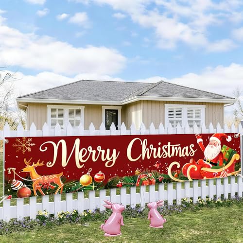 Image of Christmas Sleigh Outdoor Banner 78.7 x 17.7 Inch Santa with Gifts and Reindeer on Red Background Festive Holiday Decoration for Yard Garden Fence Porch or Patio Display