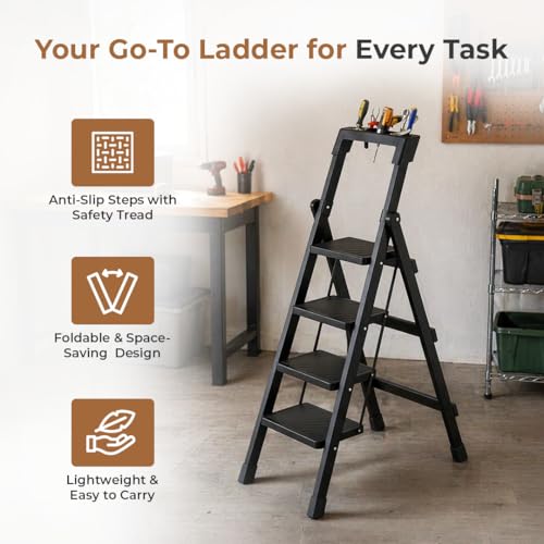 Image of HomeEssentials Heavy Duty Metal Folding Ladder with Built-in Tool Holder, Steel Step Ladder with Anti-Slip Pedals, Portable Foldable Ladder for Home, Kitchen, Office & Garage Use (4 Step)