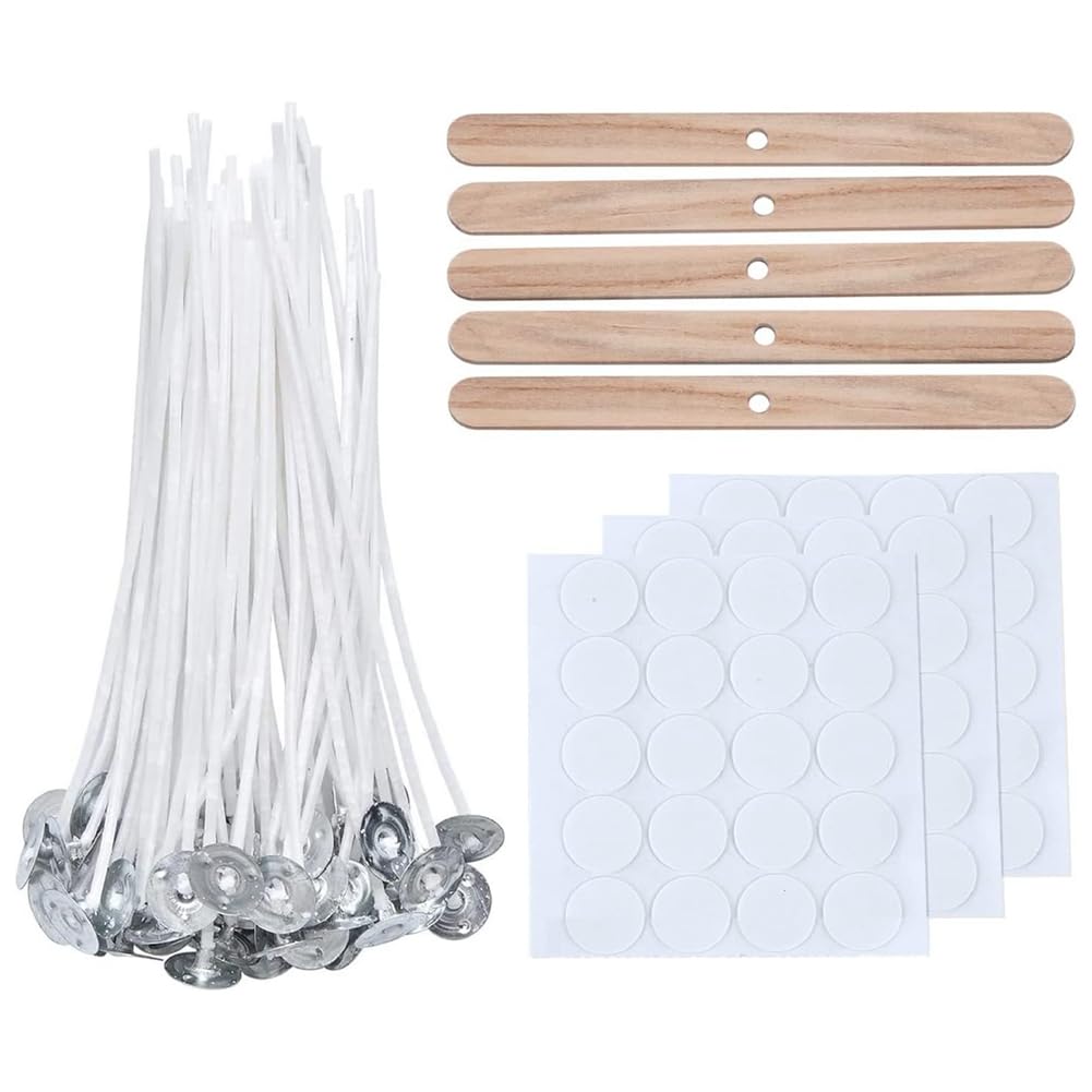 Tassteen 20CM Bulk Candle Wicks 100 Pcs with Candle Wick Stickers and Wooden Candle