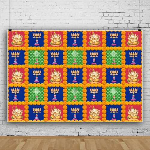 Image of Happy Diwali Backdrop Indian Traditional Mehndi Ganpati Puja Backdrop for Pooja Decor Festival Marigold Garland Lotus Floral Tulle Wedding Bridal Shower Wedding Party Decor Photo Prop Vinyl 5x3ft