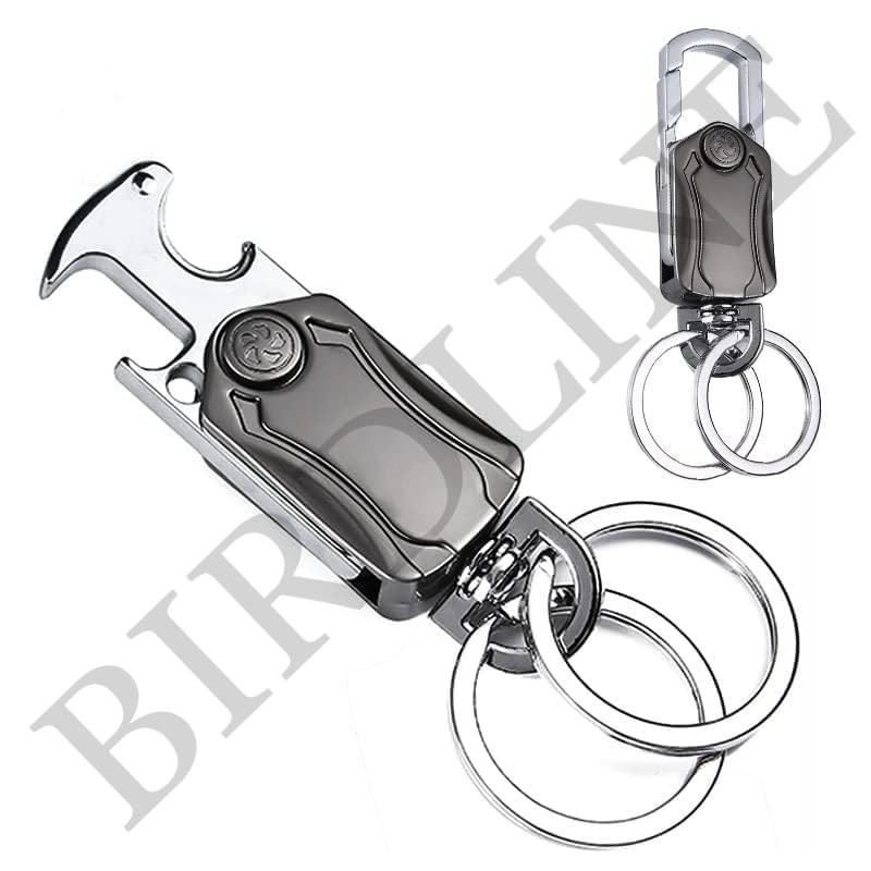 Image of BIRDLINE Multifunction Keychain 5 IN 1 Heavy Duty Dual Metal Ring, Bottle Opener, Mobile Phone Holder, 360 Rotate Spinner - Outdoor Carabiner Portable Key-chain For Bike & Car. (Spinner Keychain)