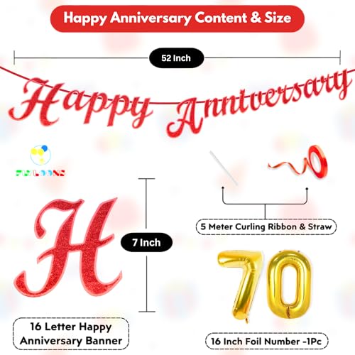 Image of Flyloons 70th Happy Anniversary Banner Red Decorations Kit for Men Women Wedding Anniversary Banner Items without Balloons