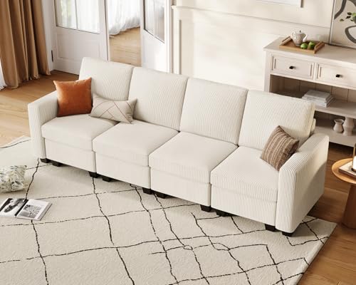 Image of CHIC HOUSE Modular Sectional Sofa with Storage Ottomans, Corduroy Cloud Couch for Small Spaces & Apartments, Reconfigurable L /U Shaped Convertible Corner Sofa, Beige, 5 Seater Sectional