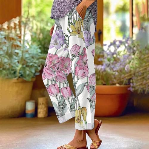 LCMTWX Women's Summer Casual Linen Pants and Linen Casual Pants Casual Loose Drawstring Beach Pants for Women White Pants4