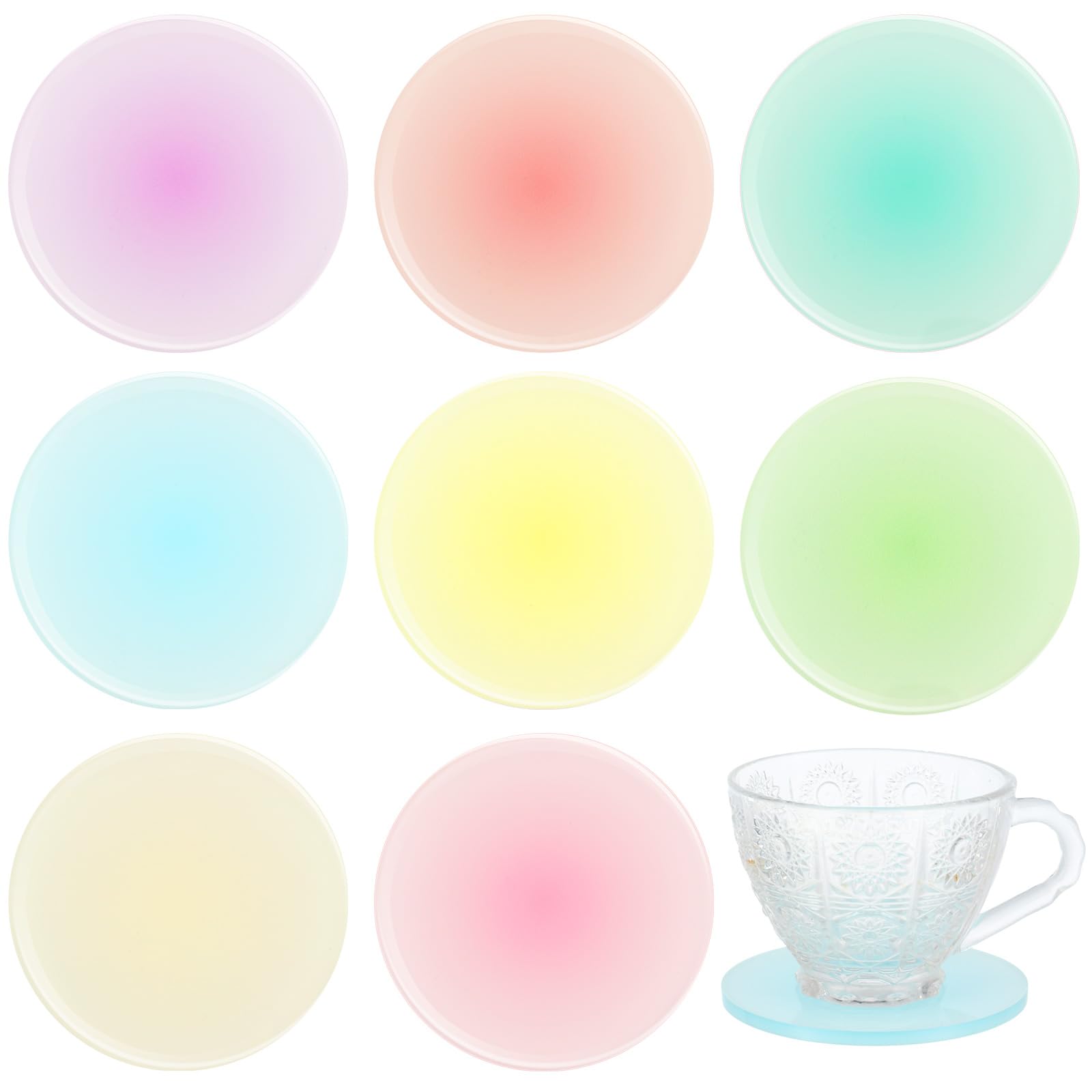 Photo 1 of Irenare 8 Pieces Colorful Acrylic Coaster 3.9 Inches Cute Coasters Round Heat Resistant Holder Anti Slip Table Aesthetic for Coffee Table Home Decoration Gift(Rainbow Pastels Color)