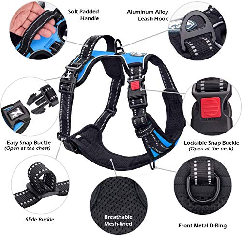 Image of PoyPet Dog Harness No Pull, Reflective Adjustable No Choke Pet Vest with Front & Back Clips, Soft Padded and Control Training Handle for Large Dogs(Blue,XL)