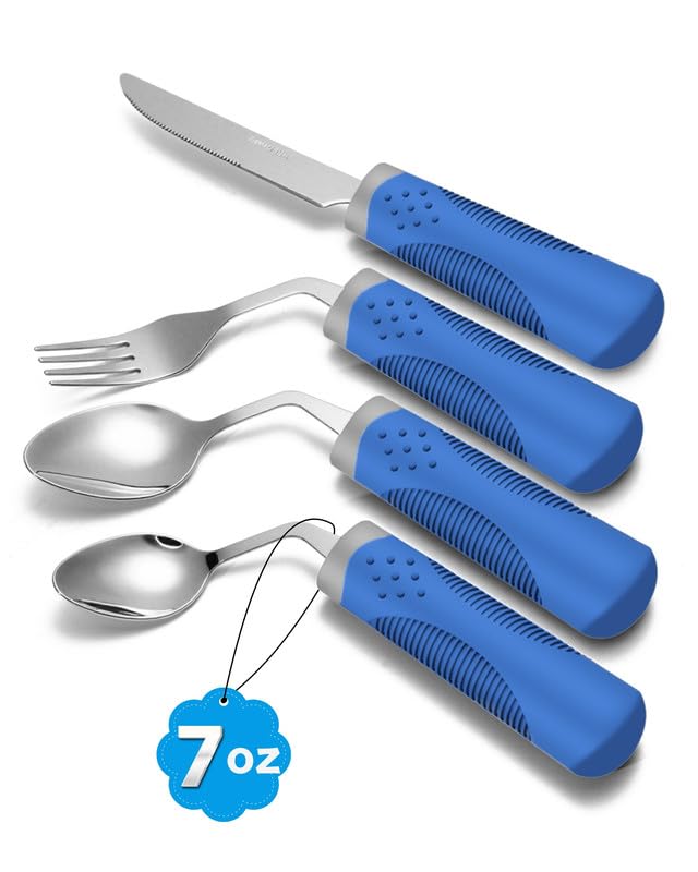 Adaptive Utensils - Set da cucina da 4 pezzi, peso 200 g, utensili angolati a 42° per pazienti affetti da Parkinson, tremori alle mani, artrite e anziani, utensili da mangiare per anziani
