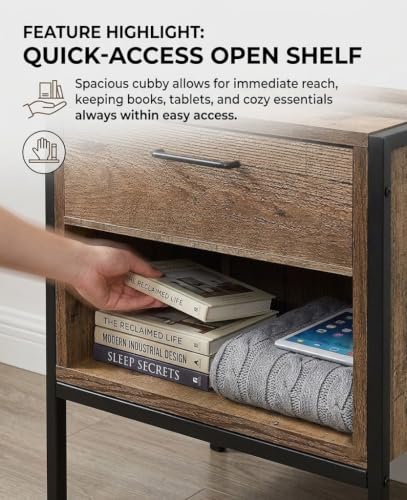 Image of Sierra Side Table with Drawer & Open Storage Shelf | Engineered Wood Bedside Table with Powder-Coated Metal Frame | Modern End Table for Bedroom & Living Room | Rustic Reclaimed Wood Finish