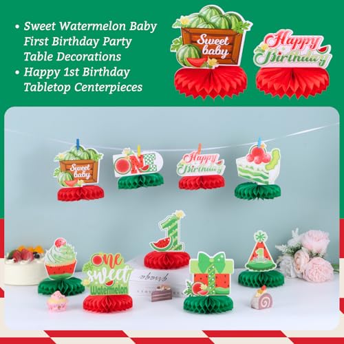 Image of 9pcs Watermelon First Birthday Honeycomb Centerpieces Sweet One Watermelon Party Table Decorations One in a Melon Tabletop Centerpieces for Baby Shower 1st Birthday Table Topper Sign Decorations