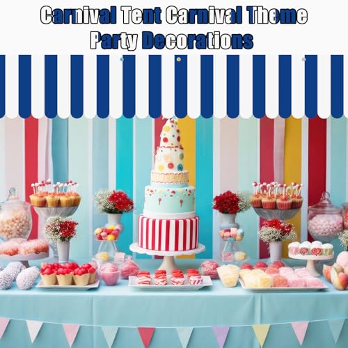 Image of Preboun 3 Pcs Carnival Awning Decorations Tent Circus Hanging Decorations Carnival Banner Concession Stand Sign Canopy Awning for Pirate Summer Party, 9.84''x78.74'' (Navy Blue and White)