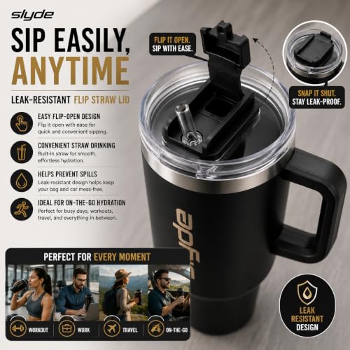 Image of Slyde 1200ml Stainless Steel Insulated Tumbler with Handle | Double Wall Vacuum Travel Mug | Leakproof Lid | Includes 2 Straws (1 Stainless Steel & 1 Plastic) | BPA Free Black
