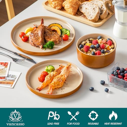 Image of vancasso ONION Ceramic Plates and Bowls Sets, 18 Pieces Brown Dinnerware Sets for Kitchen, Reactive Glaze Dishes Set for 6, Dishwasher and Microwave Safe