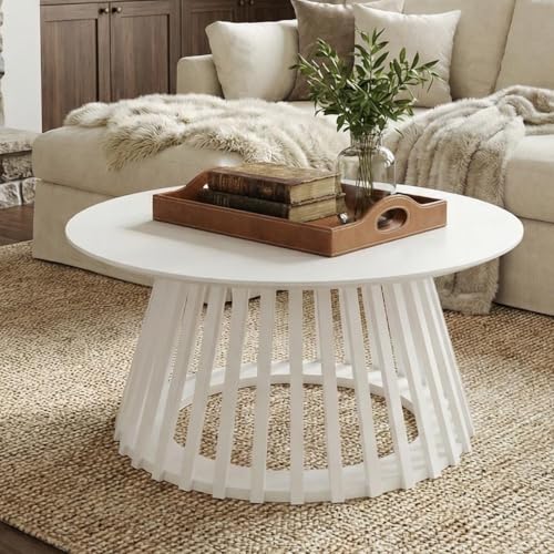 Image of HNY White Round Coffee Table, Wood 31.5 inch Center Table for Living Room | Modern Mid Century Circle Coffee Table with Fluted Base for Outdoor Patio, Home Small Space, Bedroom, Apartment, Studio