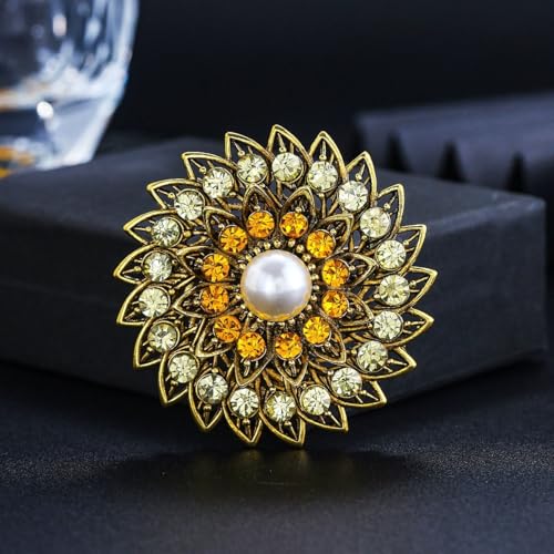 Image of Rhinestone Crystal Sunflower Brooch Pin Elegant Wreath Brooch Clothing Hat Bag Skirt Accessories for Women (yellow 2)