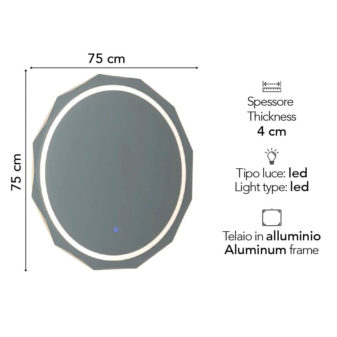 Kiamami Valentina - Specchiera con bordo sfaccettato 75cm e led integrati