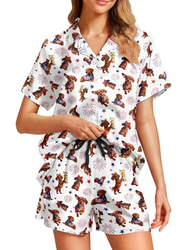 Image of Women's Pajama Sets Funny Pajamas for Women Set Comfortable 2 Piece Button Down Tops & Shorts Sleepwear Short Sleeve