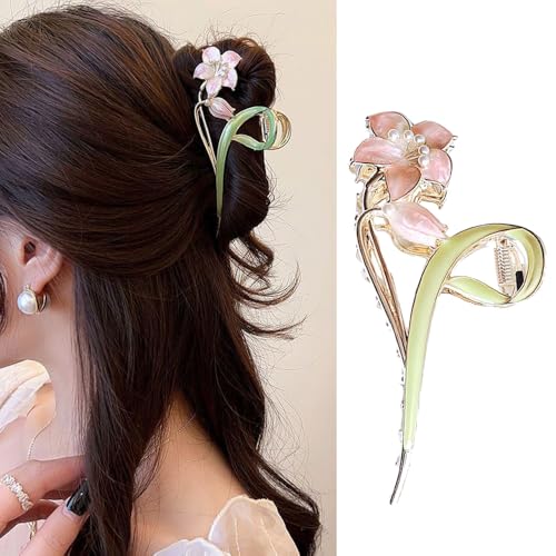 Pinza para cabello metálica floral con diseño de lirio rosa miniatura 1
