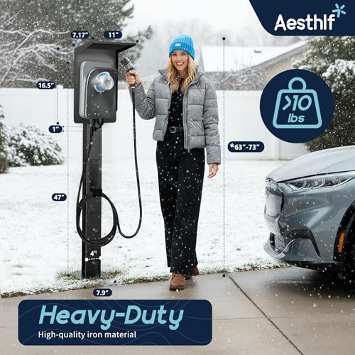 Image of Outdoor EV Charger Pedestal for Tesla & J1772 Charger with Roof | Heavy-Duty Rugged Stand, Anti-wobble Stable Base, Anti-Rust Finish, Handy Organizer Keeps Cable Tidy, Rain & Leaf Protection