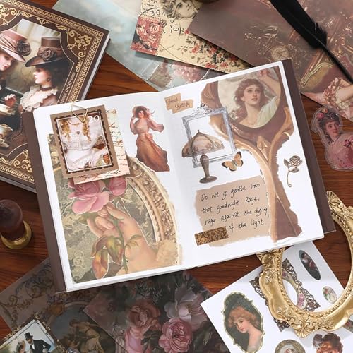 Image of VIBE VISTA Vintage Aesthetic Scrapbook Kit,346 Pcs,A6 Grid Notebook,Washi ,Envelopes, Scrapbook Papers, Folding Labels, Background Papers, Photo Frames, Calendar Stickers, Stickers (Vitorian Brown)