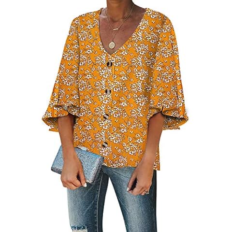 GOSOPIN Plus Size Tops for Womens Casual Summer Loose Tunics Pullovers Bell Sleeve V Neck Button Down Blouse Tee Shirt Yellow UK 16 Cover