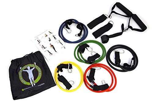 Cynergy Fitness Resistance Bands Set with 5 Bands, Door Anchor, Ankle Strap, Hand Grips Starter Manual and Resistance Band Carrying Bag