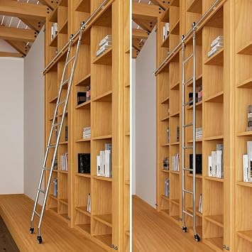 DIYHD 96" Telescopic Stainless Steel Sliding Library Ladder with Floor Rollers,No Top Roller,MAX Load 300lbs