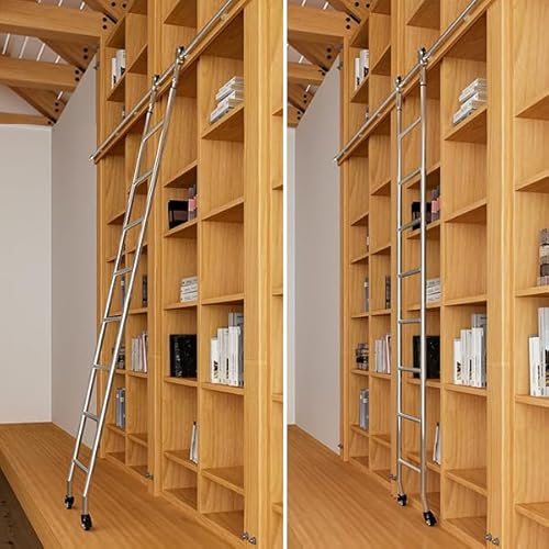 DIYHD 96" Telescopic Stainless Steel Sliding Library Ladder with Floor Rollers,No Top Roller,MAX Load 300lbs