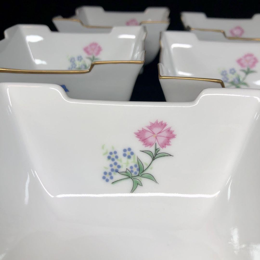 Amazon.co.jp: 深川製磁 角小鉢 5客 金彩 花柄 ピンク ボウル レア
